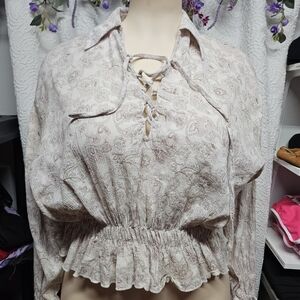 ASOS Tan Cream Smocked Tie Front Blouse